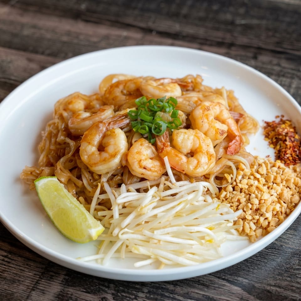 Thai shrimp pad thai topped with green onions, served with bean sprouts, lime, crushed peanuts, and chili flakes.