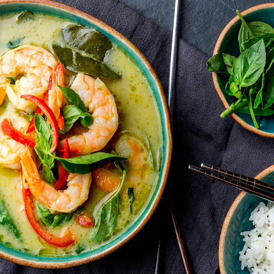 Overhead view of Thai green curry with shrimp, red chilies, and basil beside jasmine rice, fresh herbs, and chopsticks.