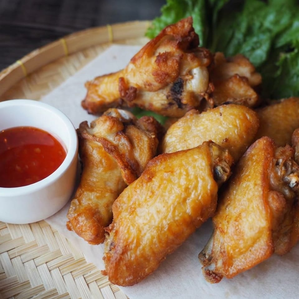 Crispy golden fried appetizers served in a bamboo basket with red dipping sauce and leafy greens.