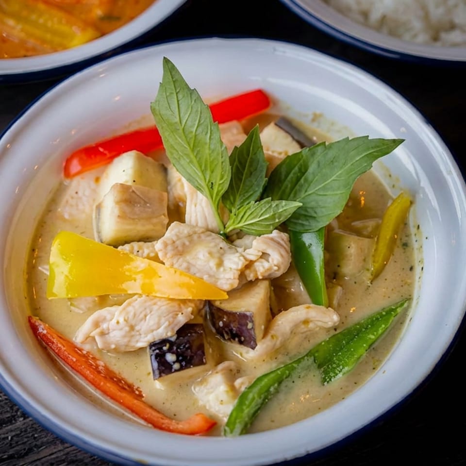 Bowl of creamy Thai green curry with chicken, eggplant, bell peppers, green beans, and fresh basil.