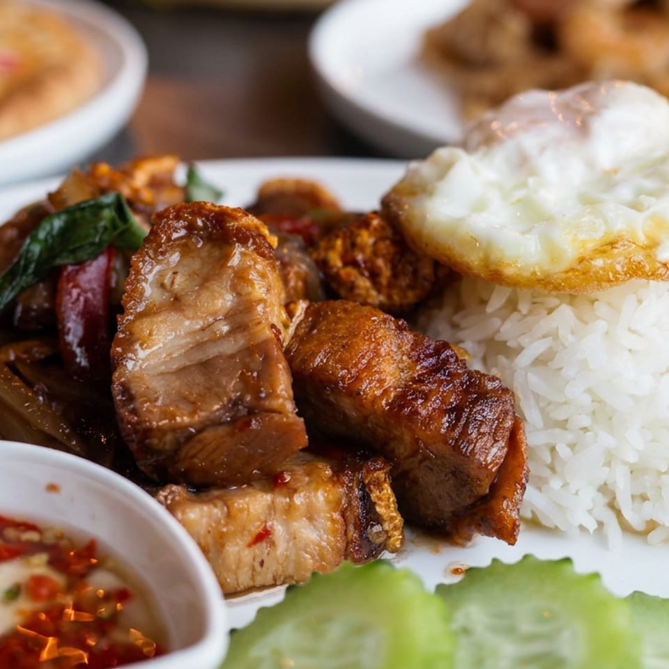 Plate of grilled meats, white rice topped with a fried egg, cucumber slices, and spicy dipping sauce.