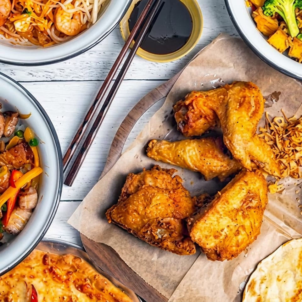 Overhead spread of Asian dishes, fried chicken wings, dipping sauce, chopsticks, and naan on a rustic wooden table.
