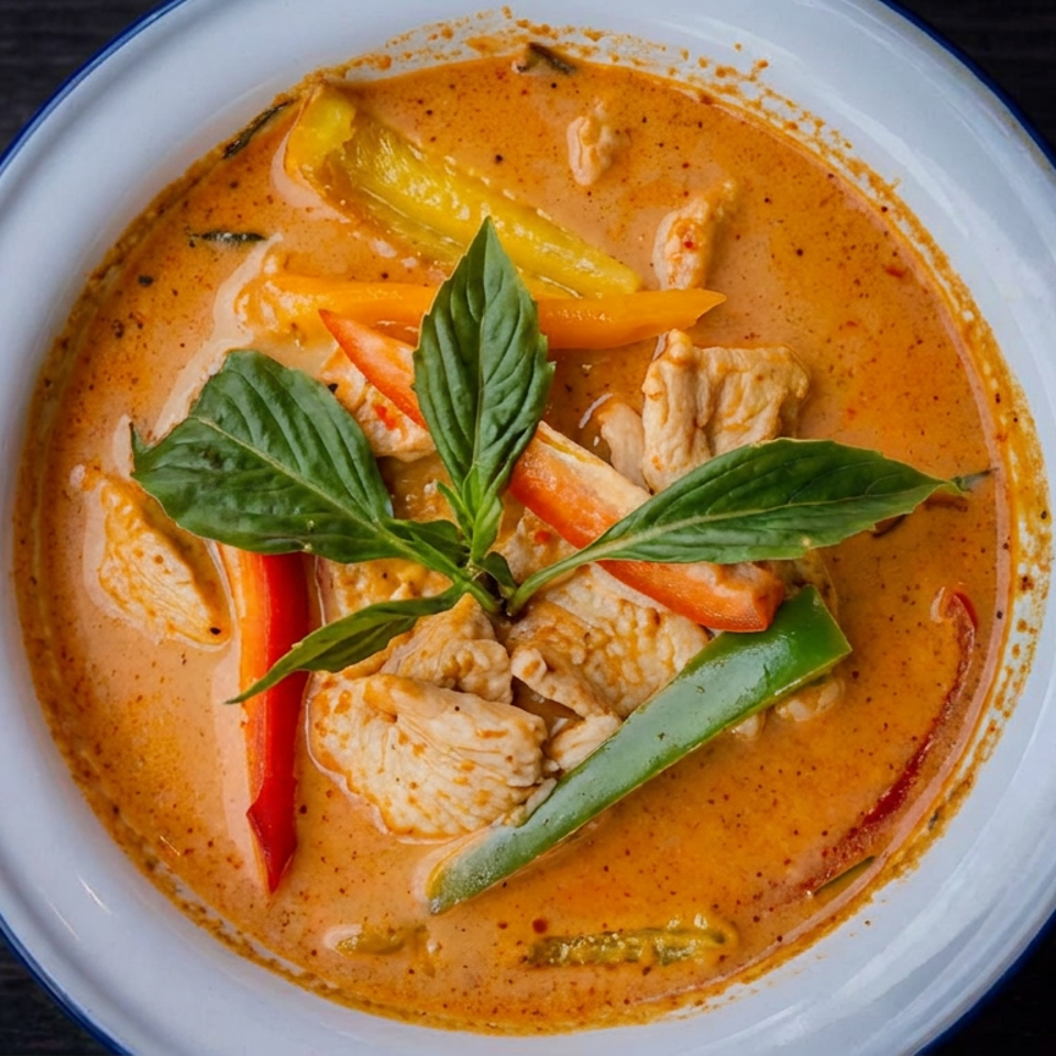 Bowl of creamy Thai red curry with chicken, bell peppers, green beans, and fresh basil on a dark wooden table.